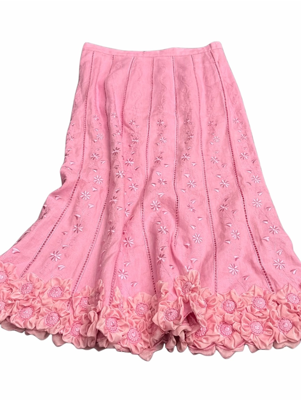 Vintage JSong Pink Floral Embroidered A-Line Linen Skirt Heart Embroidery 8
